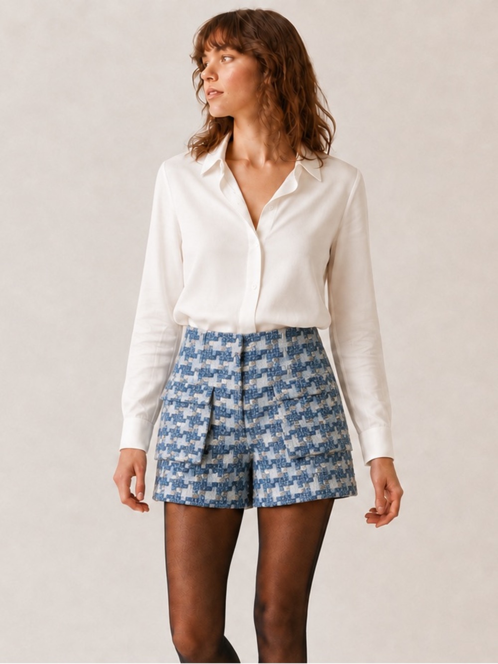 IRO Tyana Blue Silver Metallic Tweed Shorts Size 40 NWT